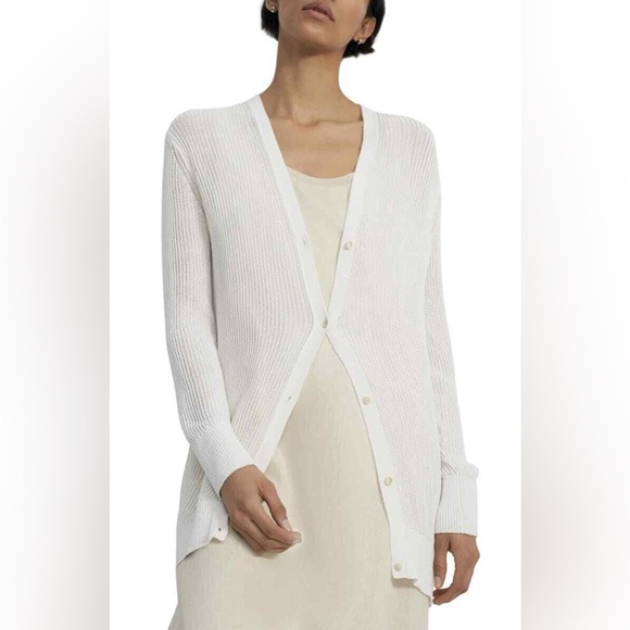Theory Sweater Cardigan, White, small, MSRP $345 button up sheer ribbed - Picture 1 of 5